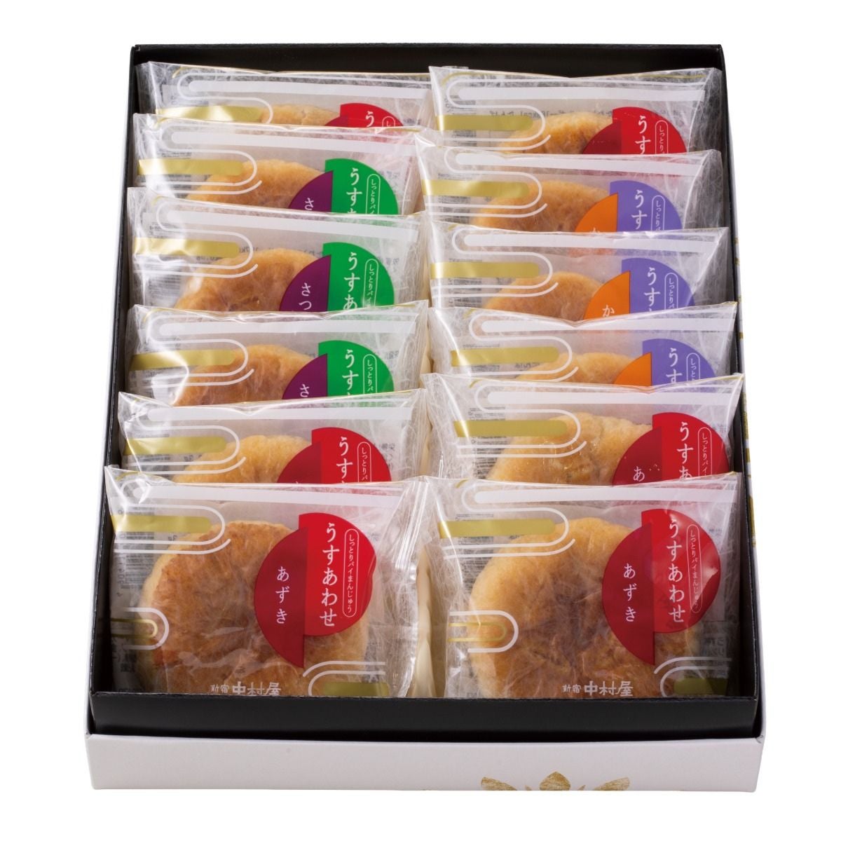 新宿中村屋うすあわせ12個入、個包装を並べたセット内容が確認できる詰め合わせ商品画像