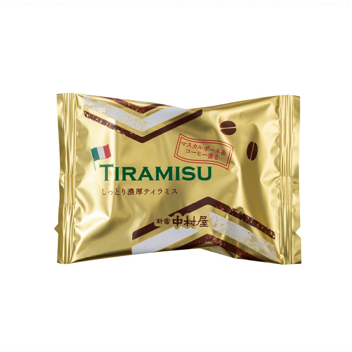 新宿中村屋のティラミス。ほろ苦いコーヒーゼリーと、なめらかなマスカルポーネ入りチーズクリームを、しっとりとしたコーヒー風味のココア生地で包み込んだ、個包装タイプの上品な洋菓子