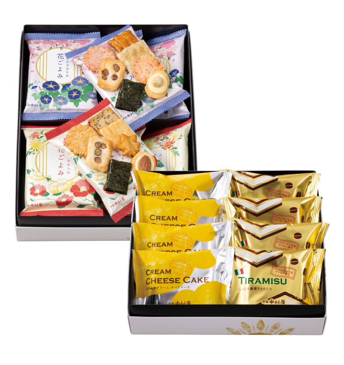 新宿中村屋「チーズケーキ＆ティラミス・あられ詰合わせ」2折セット（蓋を開けた状態）和菓子と洋菓子の個包装が美しく並ぶ詰め合わせギフトの中身が見える画像