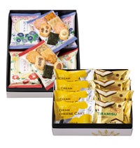 新宿中村屋「チーズケーキ＆ティラミス・あられ詰合わせ」2折セット（蓋を開けた状態）和菓子と洋菓子の個包装が美しく並ぶ詰め合わせギフトの中身が見える画像