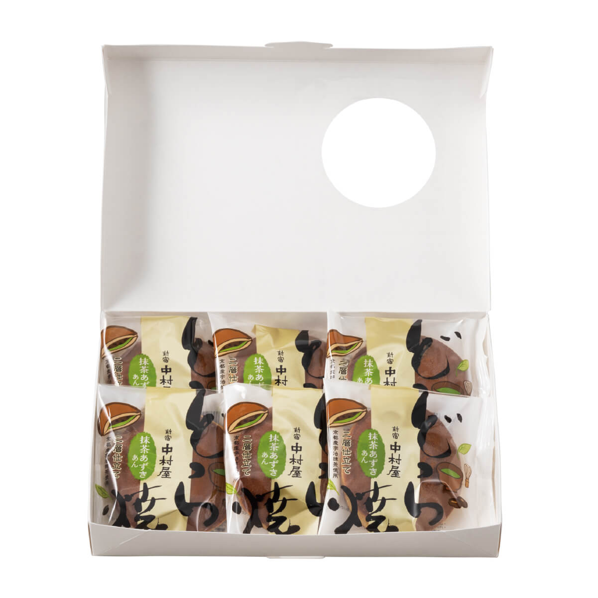 新宿中村屋のどら焼 抹茶あずき6個入、個包装を並べたセット内容が確認できる詰め合わせ商品画像