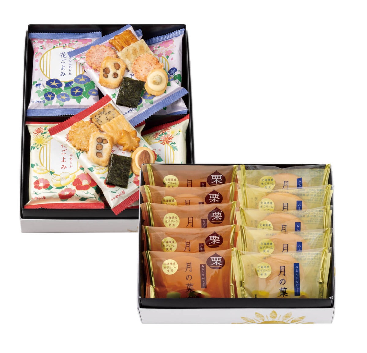 新宿中村屋「月の菓詰合わせ・あられ詰合わせ」2折セット(蓋を開けた状態)みるくまんじゅうとあられの個包装が美しく並ぶ詰め合わせギフトの中身が見える画像