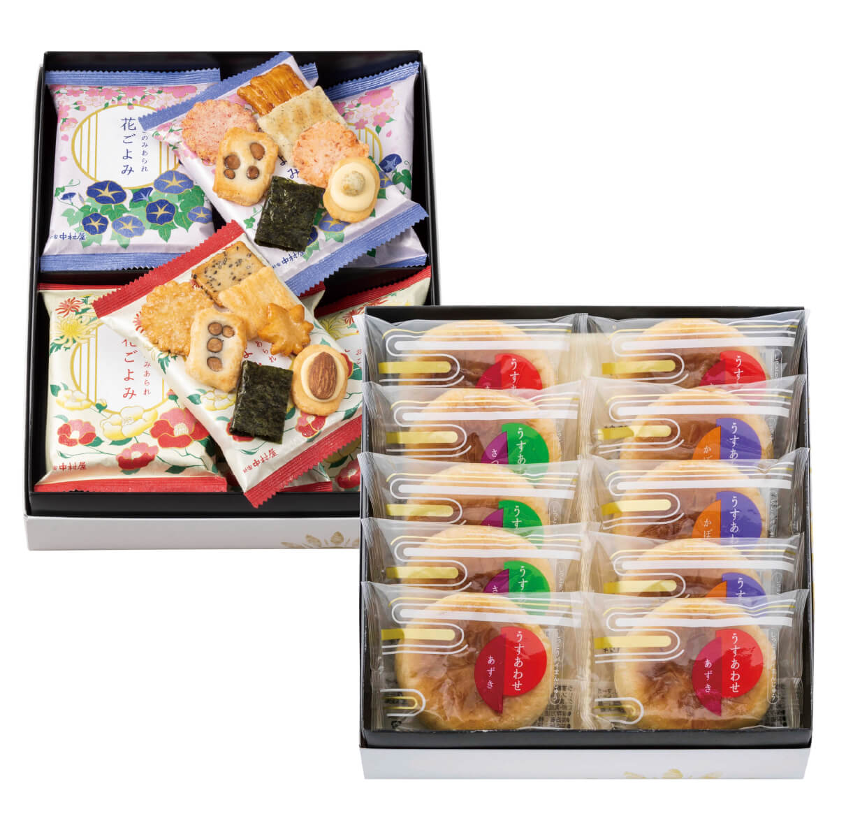 新宿中村屋「あられ・うすあわせ10個入」2折セット（蓋を開けた状態）詰め合わせギフトの中身が見える画像